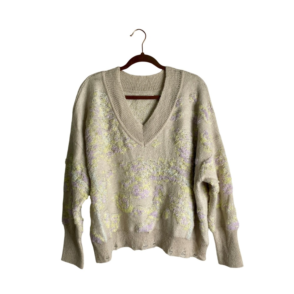 By Anthropologie Oversized V-Neck Distressed Knit Sweater L Floral Pastel Y2K